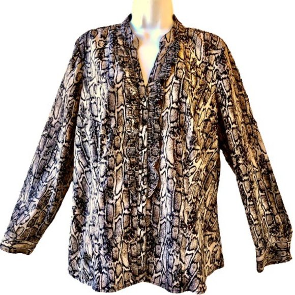 212 Collection Button Up Blouse Reptile Print Ruffles Long Sleeves - Picture 2 of 13